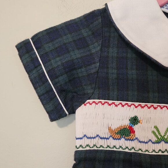 Anavini Boys 24 m Green Navy Plaid Smocked Romper White Peter Pan Collar Duck - Picture 4 of 13